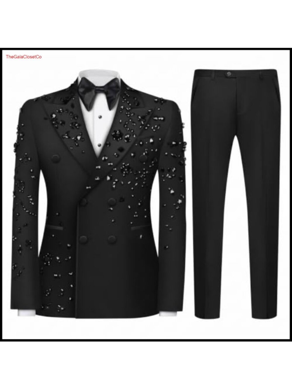 Men's 2 Piece Double Breasted Rhinestone Beaded Slim Fit Tuxedo Suit Set